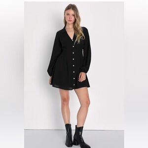 Lulu's Black Long Sleeve Button Up Mini Dress Pockets Medium Boho Chic Minimal